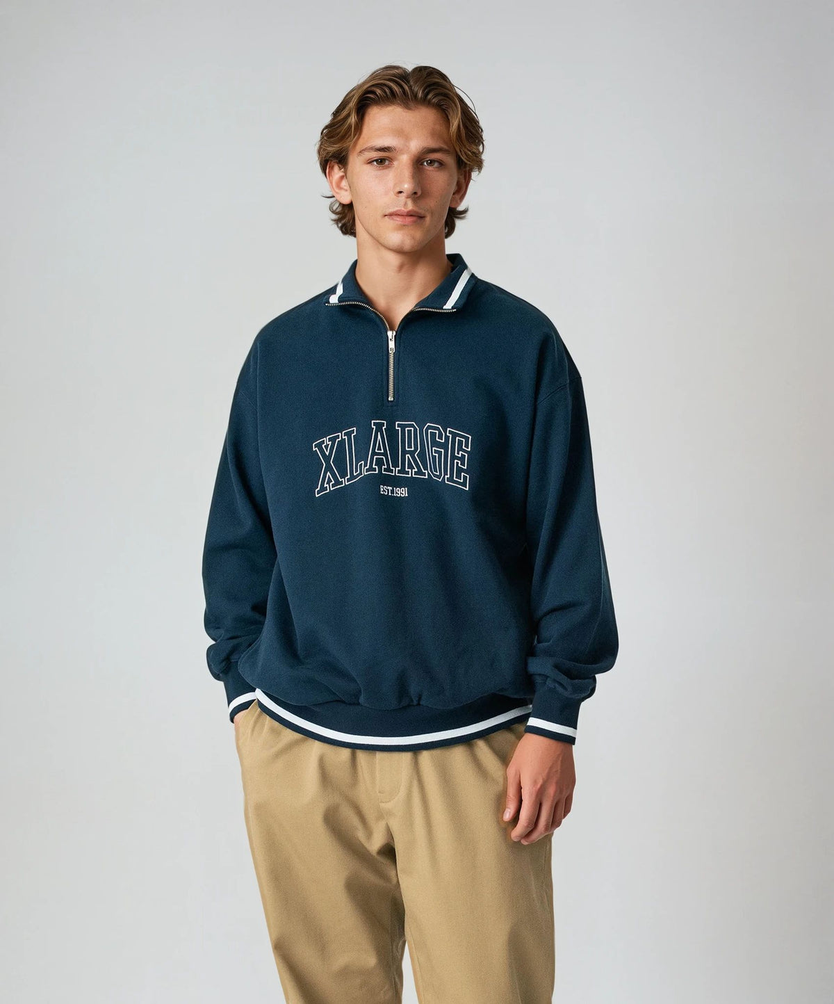 STRIPED RIB HALF ZIP SWEATSHIRT